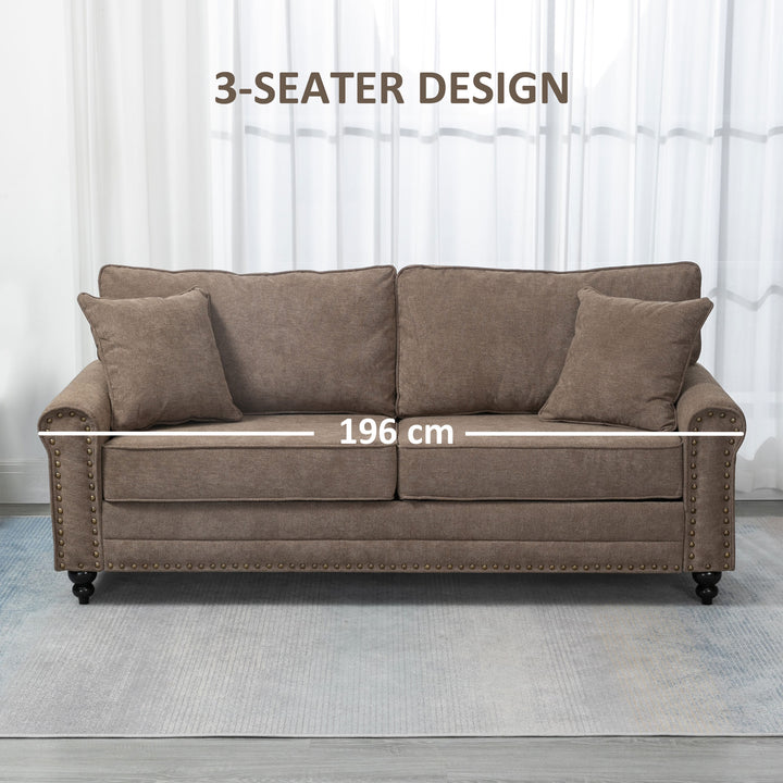 3 Seater Sofa, Fabric Couch with Rubber Wood Legs, 3 Seater Settee with Extra Padded Cushions and Pillows for Living Room, 196W x 80.5D x 89H cm, Brown