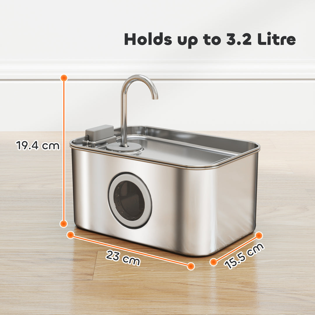 3.2L Cat Water Fountain for Drinking, Cat Fountain Stainless Steel with Visible Water-Level Window, Ultra-Silent Pump