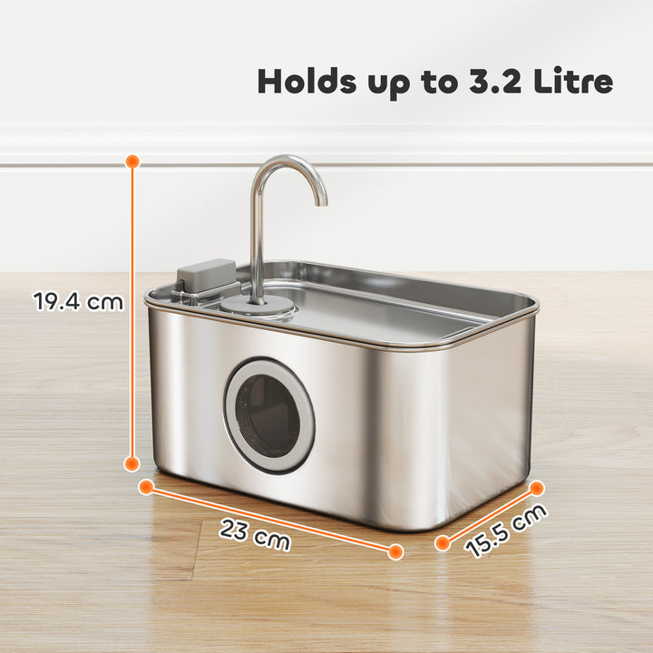 3.2L Cat Water Fountain for Drinking, Cat Fountain Stainless Steel with Visible Water-Level Window, Ultra-Silent Pump