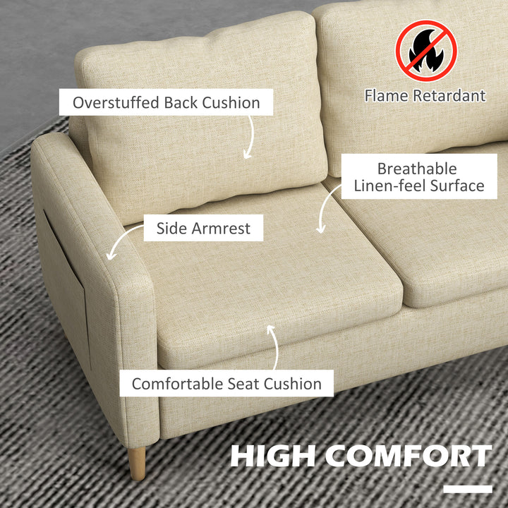 Two Seater Sofa for Living Room, Modern Fabric Couch with Wood Legs and 2 Pockets for Bedroom and Home Office, Beige