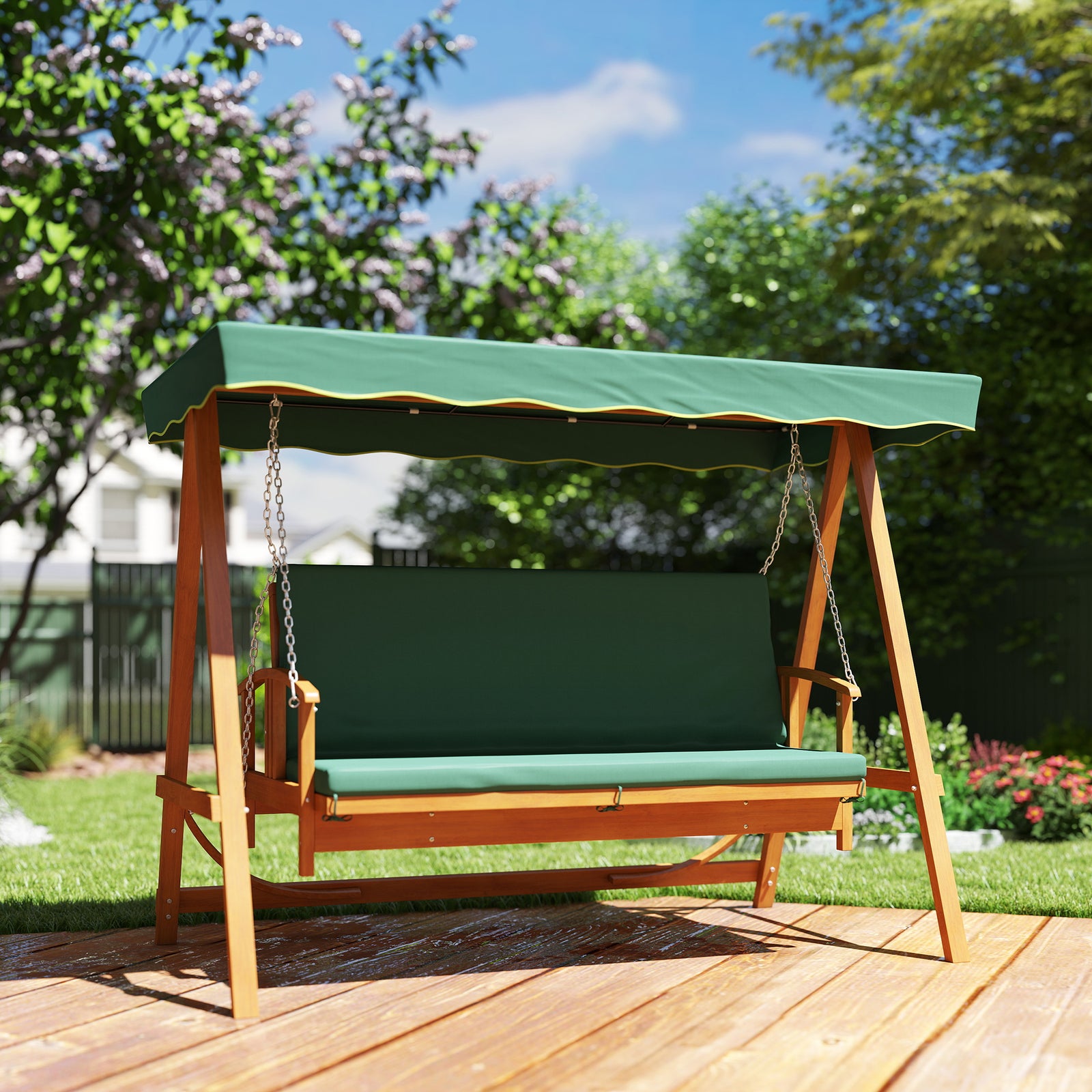 3 Seater 2-in-1 Wooden Garden Swing Seat Swing Chair Outdoor Convertible Hammock Bench Furniture Lounger Bed Wood, Dark Green