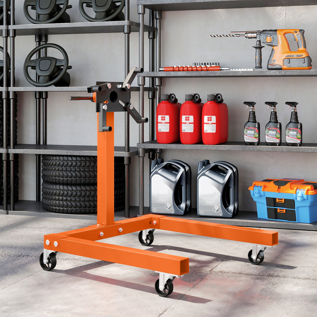 Engine Stand, 570 kg Rotating Engine Stand with 360 Degree Adjustable Head, 4 Mounting Arms, Heavy Duty Steel Support, Universal Wheels for Garage Workshop Auto Repair, Orange