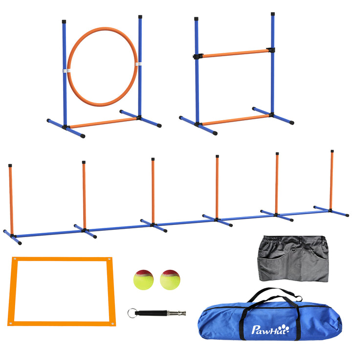 Eight-Piece Dog Agility Equipment Set with Weave Poles, Jump Ring, Hurdle, Pause Box, Training Shorts, Bag, Orange