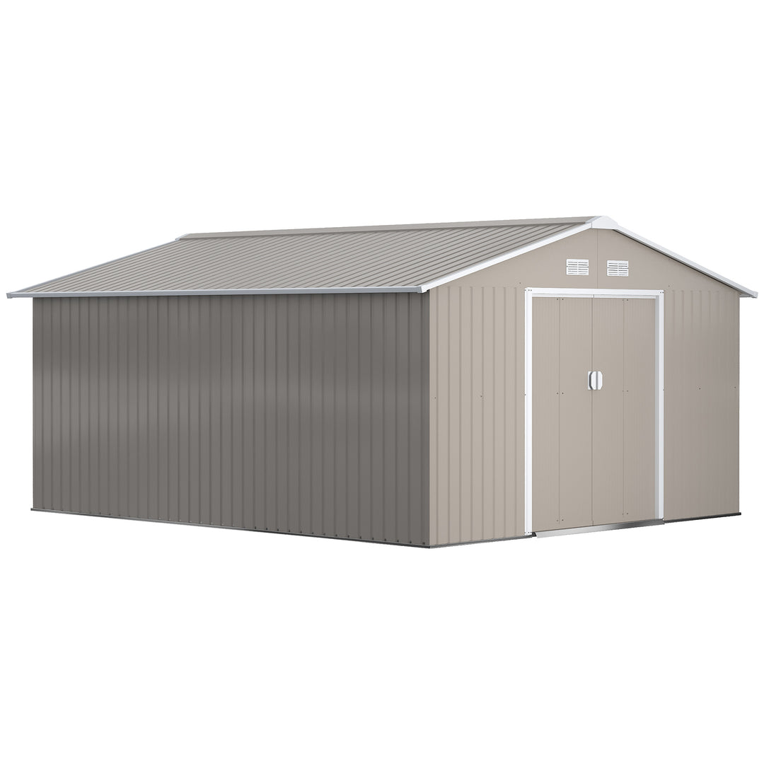 MCL 13 x 11ft Large Garden Shed, Mental Garden Storage Shed with Foundation Kit Ventilation & Doors, Light Grey