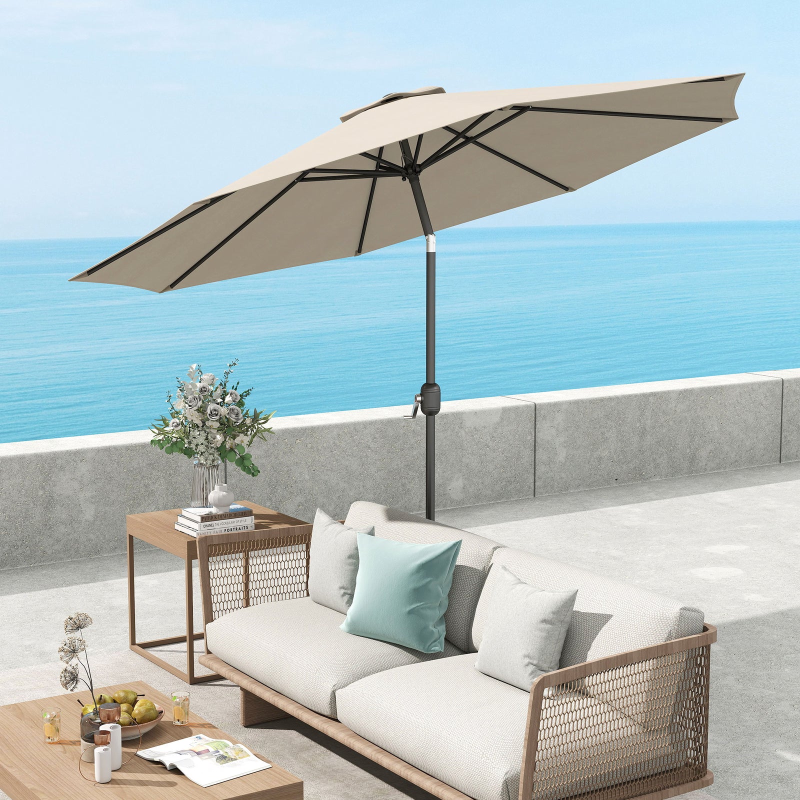 3(m) Tilting Parasol Garden Umbrellas, Outdoor Sun Shade with 8 Ribs, Tilt and Crank Handle for Balcony, Bench, Garden, Light Grey