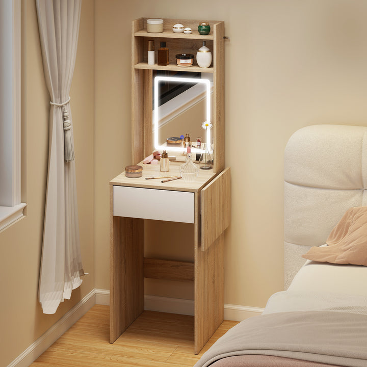Small Vanity Desk with Mirror and LED Lights, Compact Dressing Table w