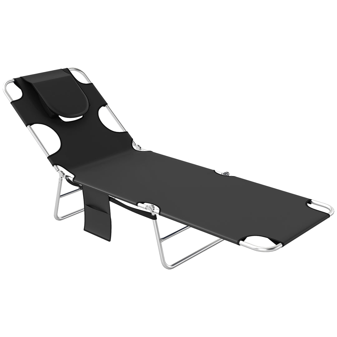Foldable Sun Lounger, Beach Chaise Lounge with Reading Hole, Arm Slots, 5-Position Adjustable Backrest, Side Pocket, Pillow for Garden, Beach, Pool, Black