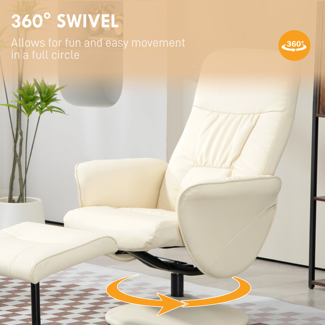 Swivel Recliner Chair with Footstool, HOMCOM PU Leather Armchair and Ottoman with High Back and Round Base for Living Room, Cream White | Aosom UK