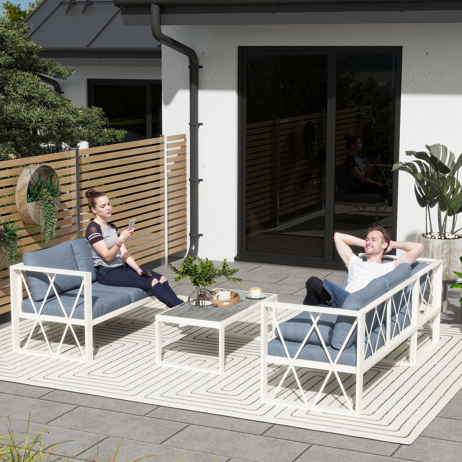Four-Piece L Shaped Garden Furniture Set with 5-Level Adjustable Lounger - Grey