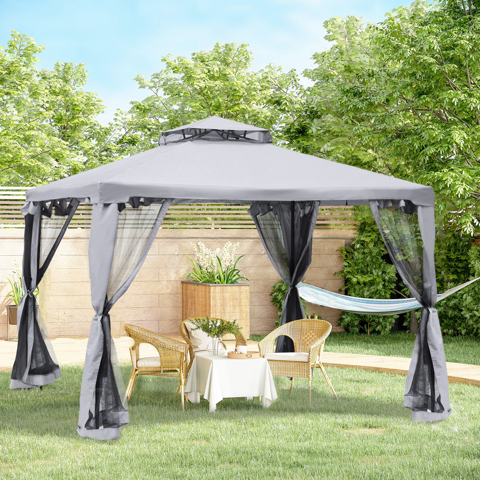 3 x 3 m Metal Gazebo, Garden Pavillion, Double Roof Outdoor Canopy Shelter with Mesh Sidewalls, Grey