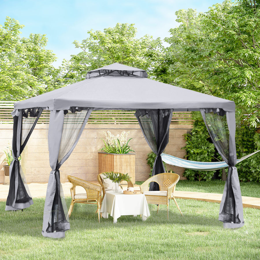 3 x 3 m Metal Gazebo, Garden Pavillion, Double Roof Outdoor Canopy Shelter with Mesh Sidewalls, Grey