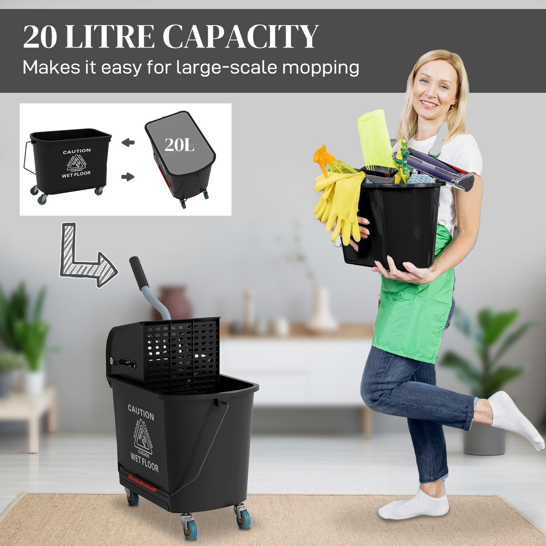 20L Compact Mop Bucket on Wheels, with Water Separation Panel - Black