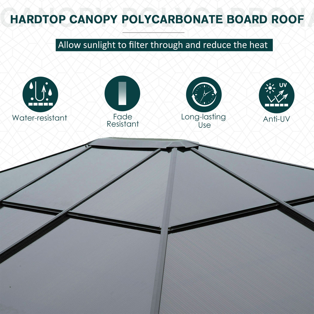 3 x 3.6m Polycarbonate Hardtop Gazebo with LED Solar Light and Aluminium Frame, Garden Pavilion with Mosquito Netting and Curtains