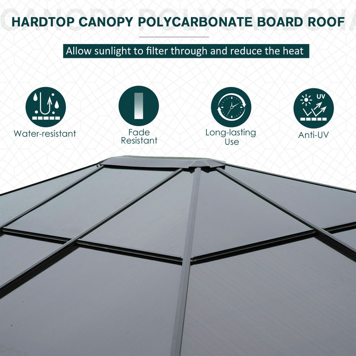 3 x 3.6m Polycarbonate Hardtop Gazebo with LED Solar Light and Aluminium Frame, Garden Pavilion with Mosquito Netting and Curtains