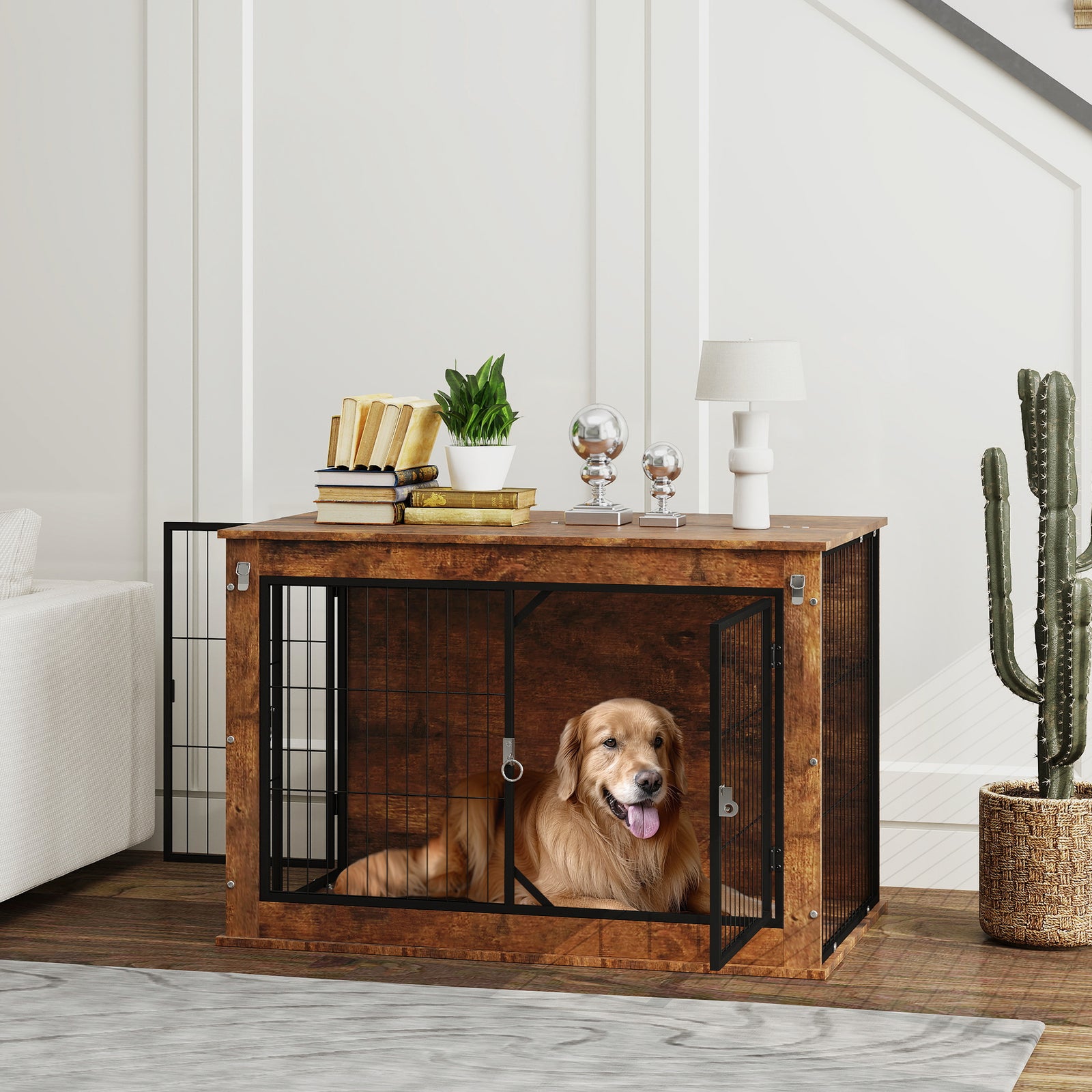 Dog Crate Furniture with Openable Top, Two Doors, for Large Dogs, Rustic Brown