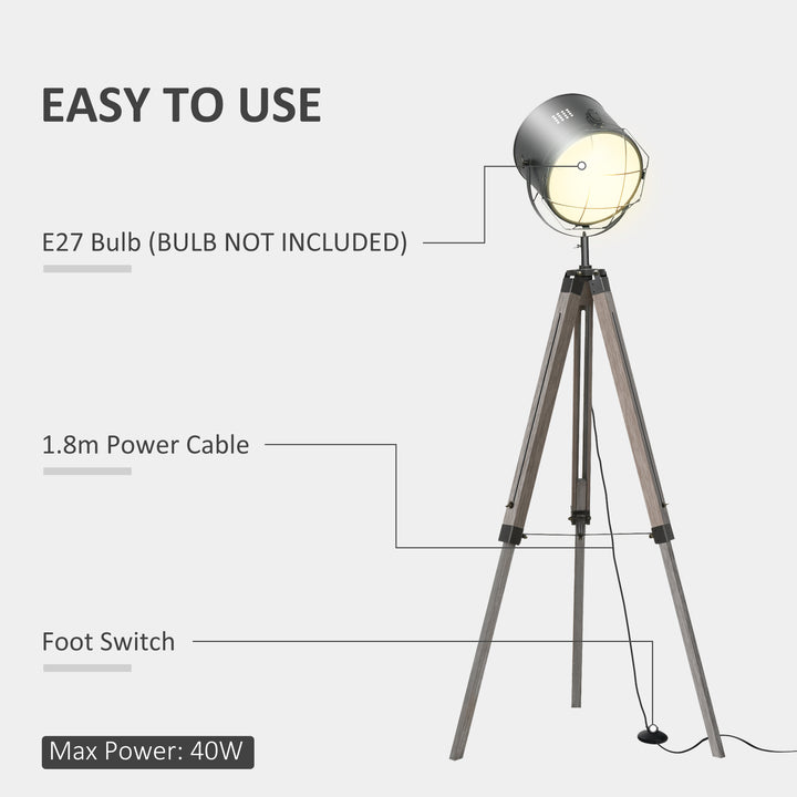 MCL Floor Lamp with Adjustable Tripod for Living Room Bedroom, Vintage Spotlight Reading Lamp with Wood Legs, 115-155cm, Grey