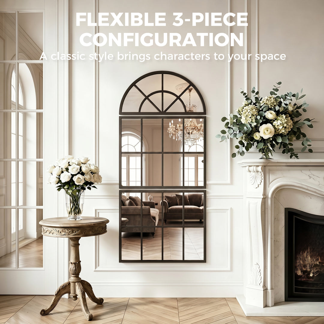 Large Arched Wall Mirror with Metal Grid, 3-Piece Split Window Mirrors