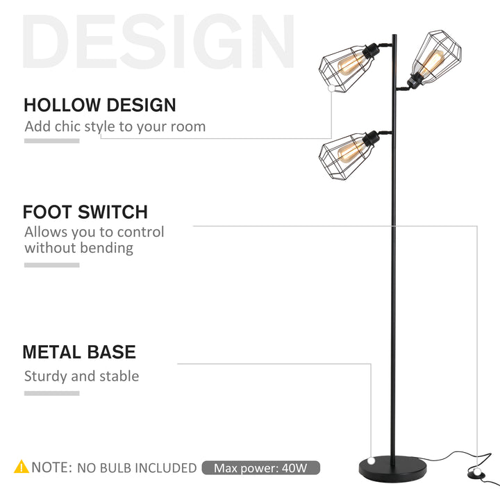 HOMCOM Retro Practical Tree Floor Lamp 3 Angle Adjustable Lampshade Steel Base for Living Room Bedroom Office Black 165cm