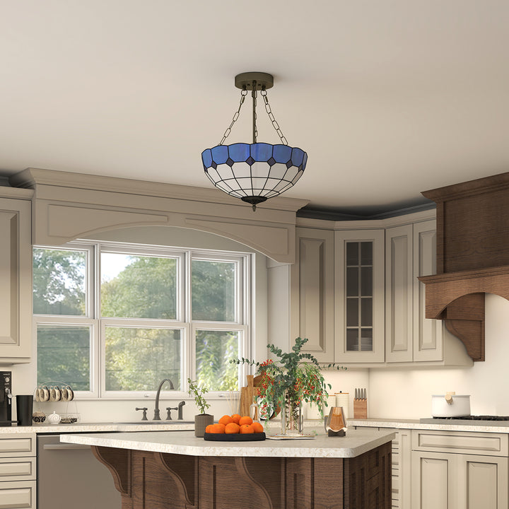 MCL Tiffany Style Ceiling Light, Vintage Chandelier with 3 E27 Sockets, Semi Flush Mount for Living Room, Bulbs Not Included