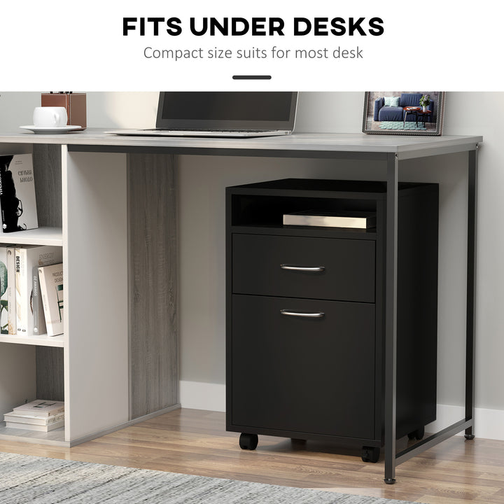 60cm Filing Cabinet with Drawer, Open Shelf, Metal Handles and 4 Wheels, Office Home Organiser Mobile Printer, Black