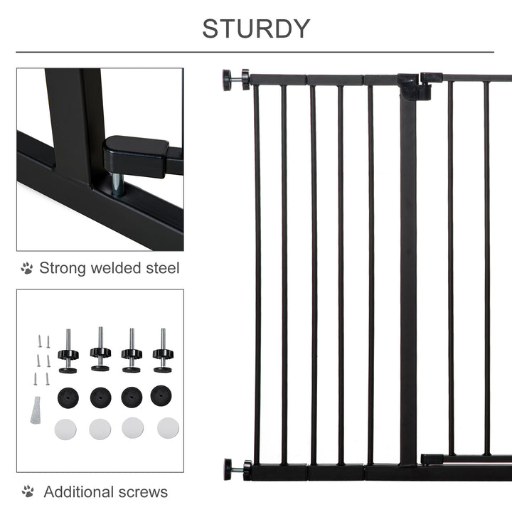 PawHut Safety Pet Gate, Auto-Close Metal Dog Barrier with Adjustable Width 76-107cm, Stair Door, Black | Aosom UK