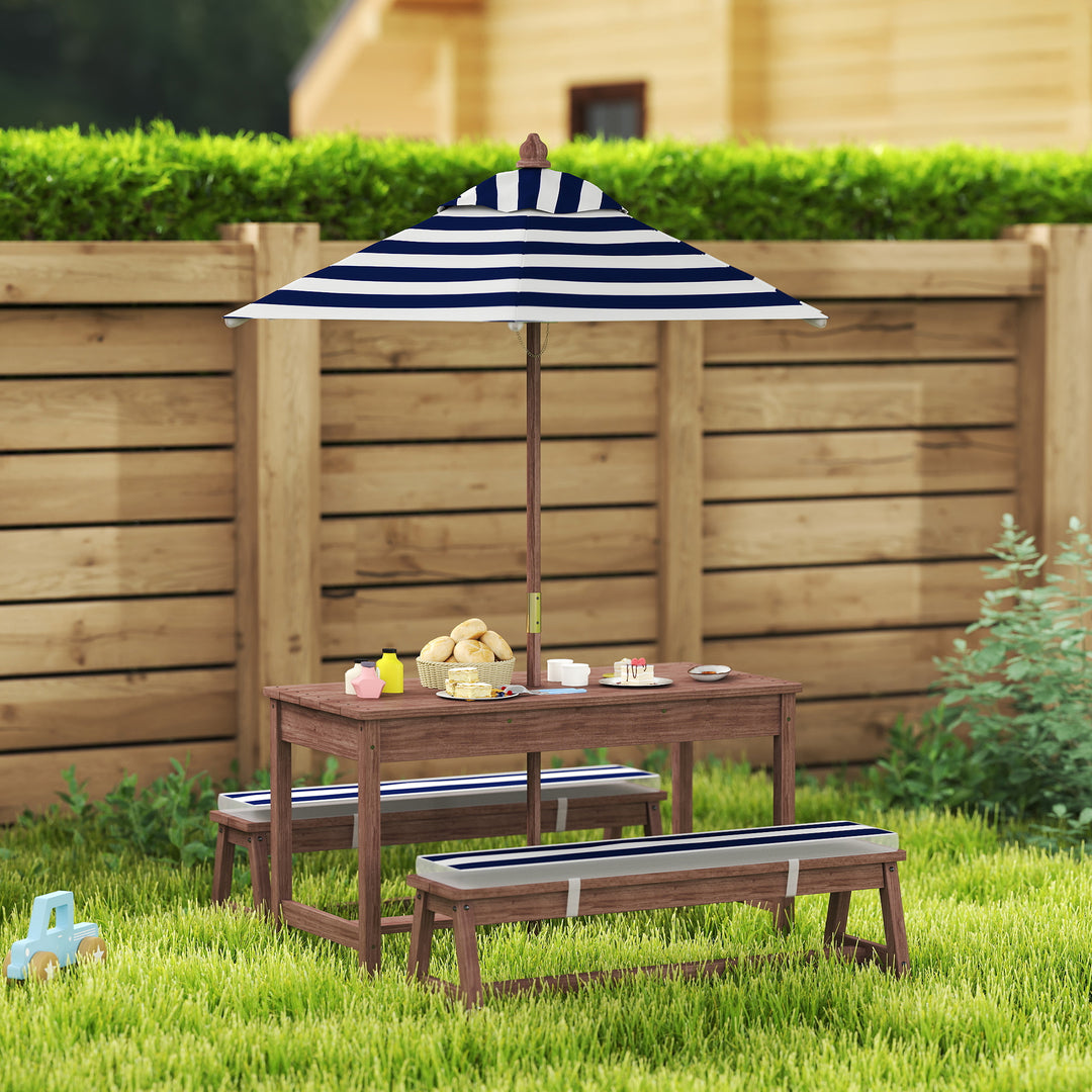 Outdoor Wooden Kids Picnic Table &amp; Bench Set with Cushions and Umbrell