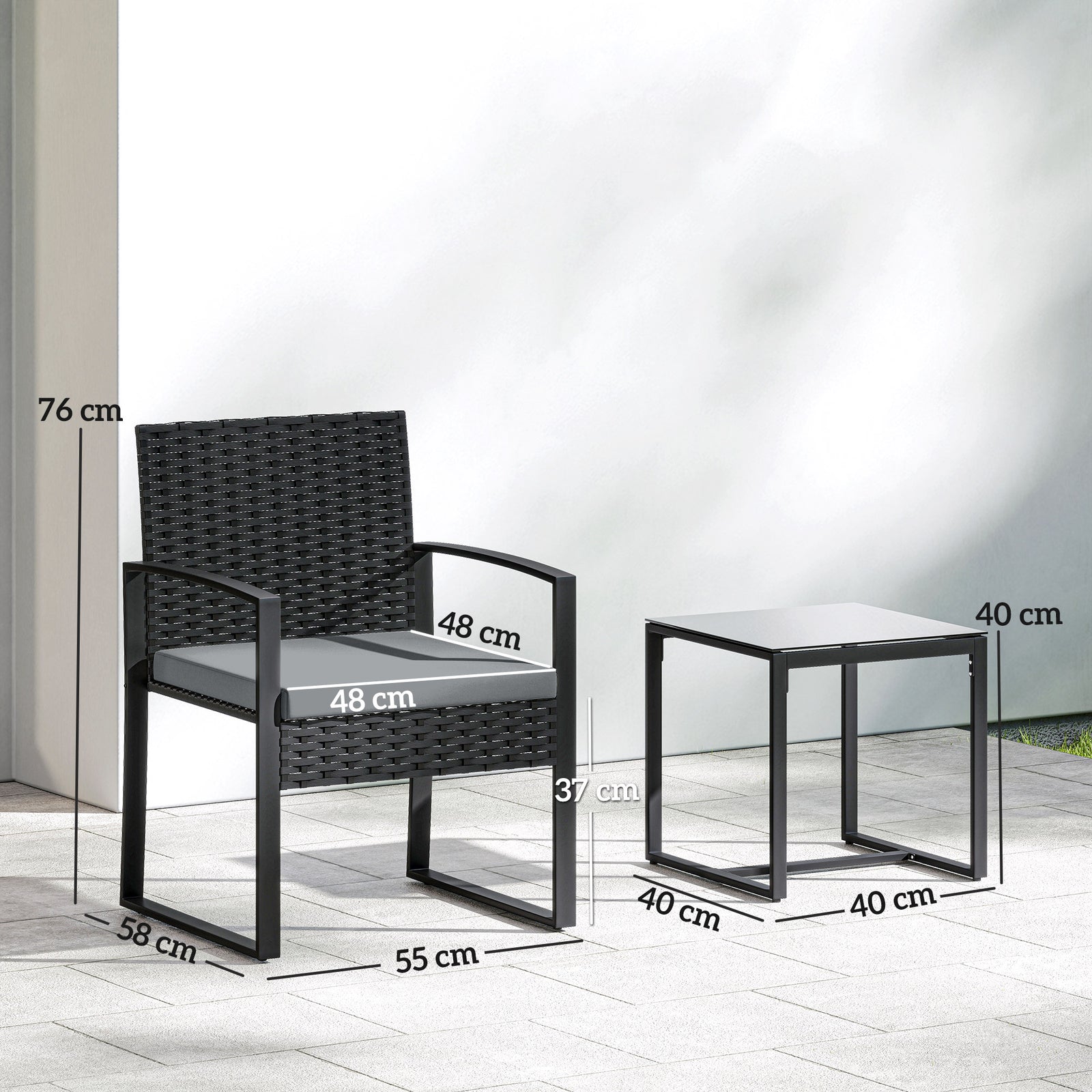 Rattan Bistro Set, 3 Piece Garden Furniture Set with Glass Top Table a