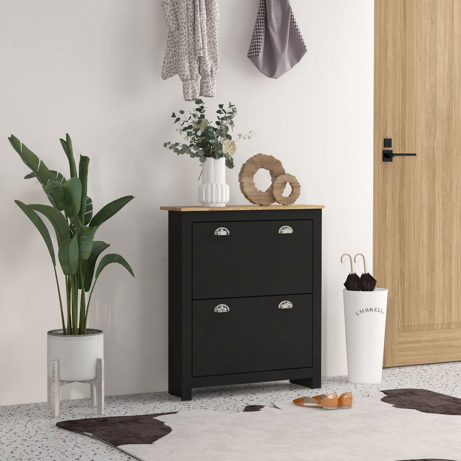 2 Drawer Shoe Cabinet Modern Narrow Shoe Cupboard Hallway Wooden Storage Organiser with Flip Doors Adjustable Shelf for 6-12 Pairs, Black