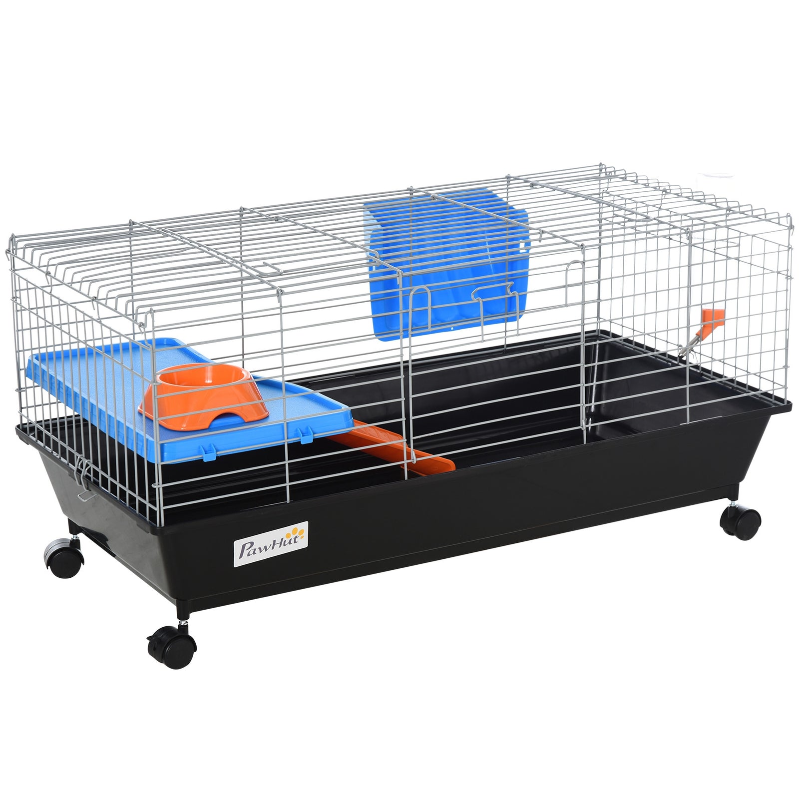 Small Animal Cage Rabbit Guinea Pigs Chinchillas Cage w/ Wheels Water Bottle Food Dish Platform Ramp 89 x 44 x 43 cm Black