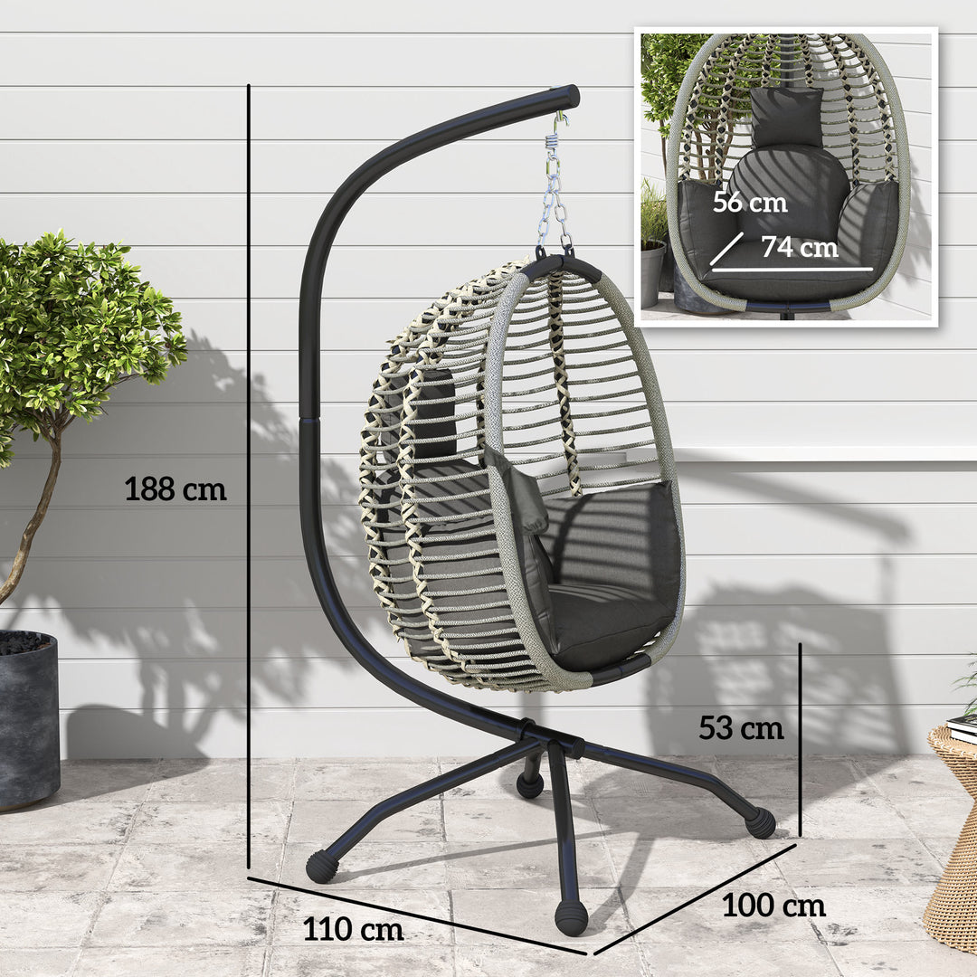Outdoor Swing Chair with Thick Padded Cushion, Patio Hanging Egg Chair with Metal Stand, Foldable Basket, Cup Holder, Rope Structure for Indoor & Outdoor, Dark Grey