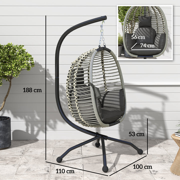 Outdoor Swing Chair with Thick Padded Cushion, Patio Hanging Egg Chair with Metal Stand, Foldable Basket, Cup Holder, Rope Structure for Indoor & Outdoor, Dark Grey