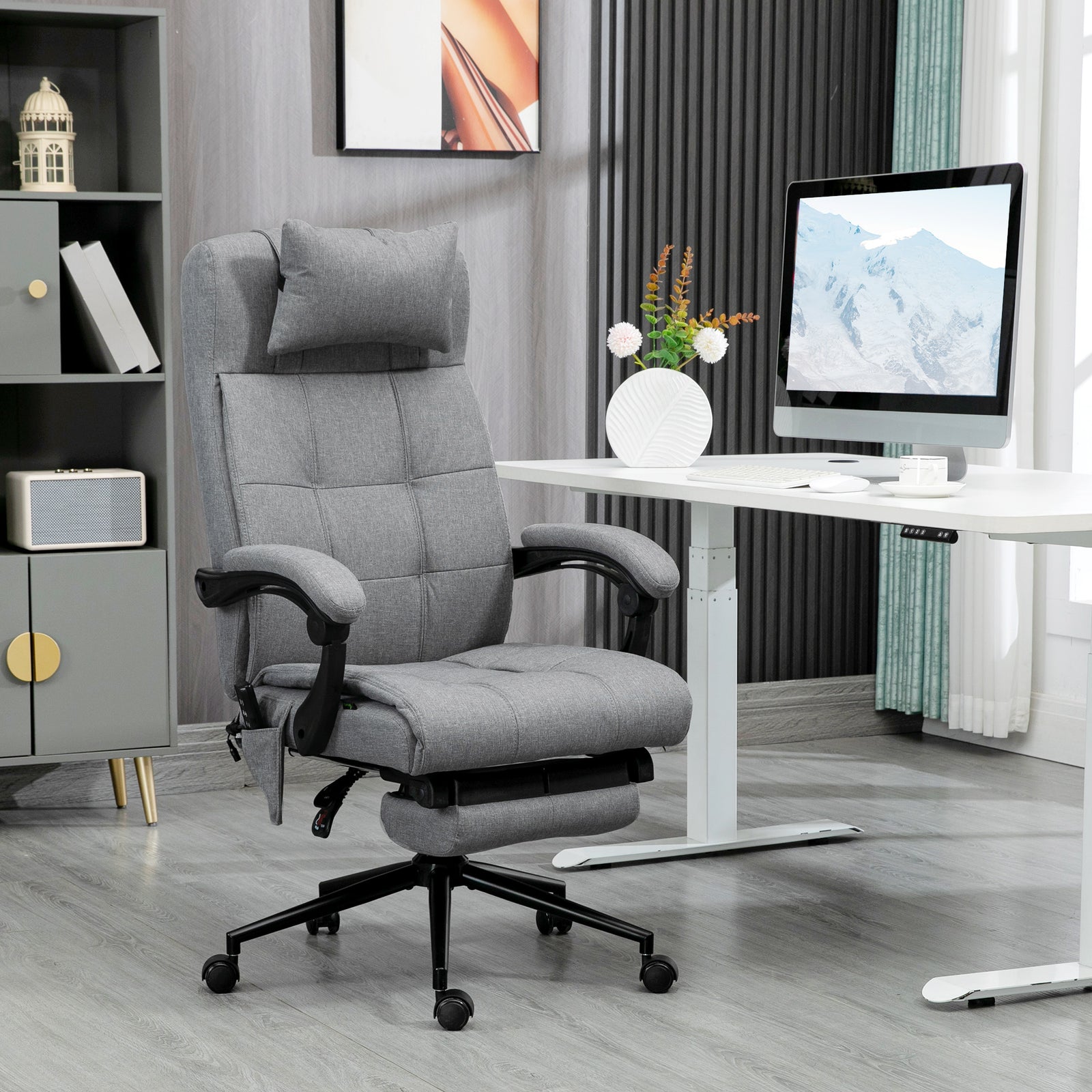 Office Chair with 6-point Vibration Massage and Heat, Computer Chair with Adjustable Height, Head Pillow, Footrest for Home, Grey