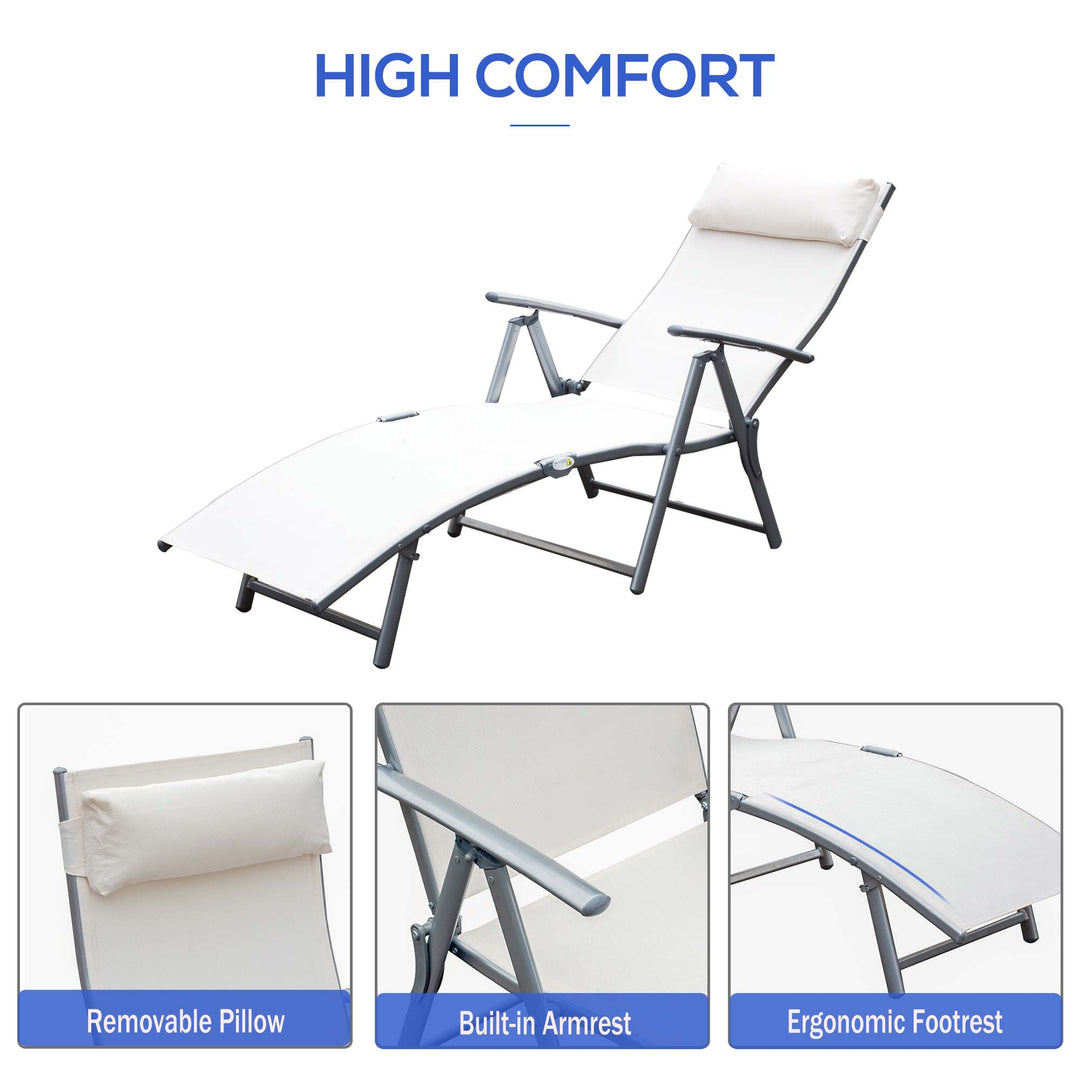 Sun Lounger Steel Frame Outdoor Folding Chaise Texteline Lounge Chair Recliner with Headrest & 7 Levels Adjustable Backrest, Cream White
