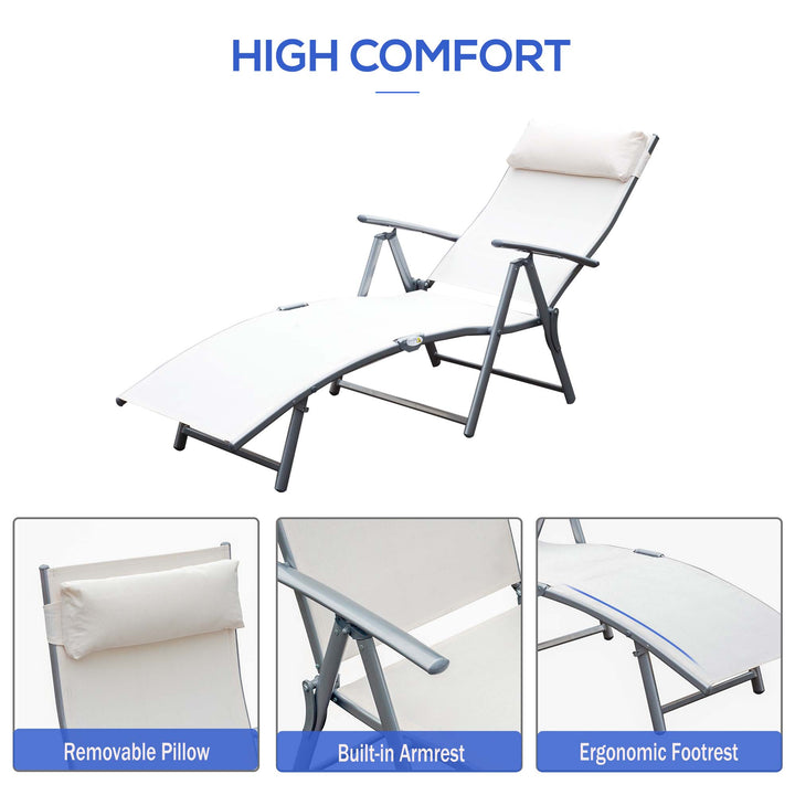 Sun Lounger Steel Frame Outdoor Folding Chaise Texteline Lounge Chair Recliner with Headrest & 7 Levels Adjustable Backrest, Cream White
