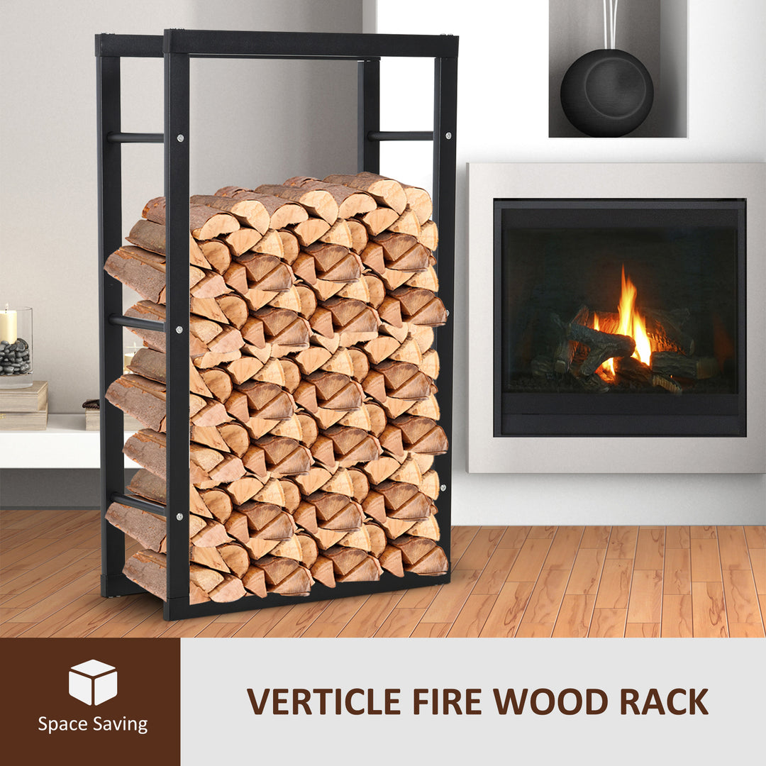 HOMCOM Metal Firewood Log Holder Tall Firewood Rack Indoor Outdoor Fireplace Wood Storage Shelf with Rust-Resistant, Black, 60W x 25D x 100H cm