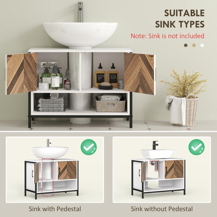 Under Sink Bathroom Cabinet, Rustic Under Sink Cabinet with Herringbone Doors and Open Compartment for Basin with or without Pedestal, 80 x 40 x 60cm, Cream White