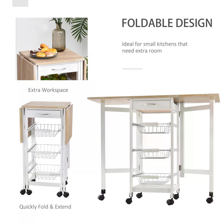 HOMCOM Drop-Leaf Kitchen Trolley w/ 3 Baskets Drawer Surface Top 6 Wheels Rolling Storage Unit Kitchen Home Dining Cart White Oak Tone | Aosom UK