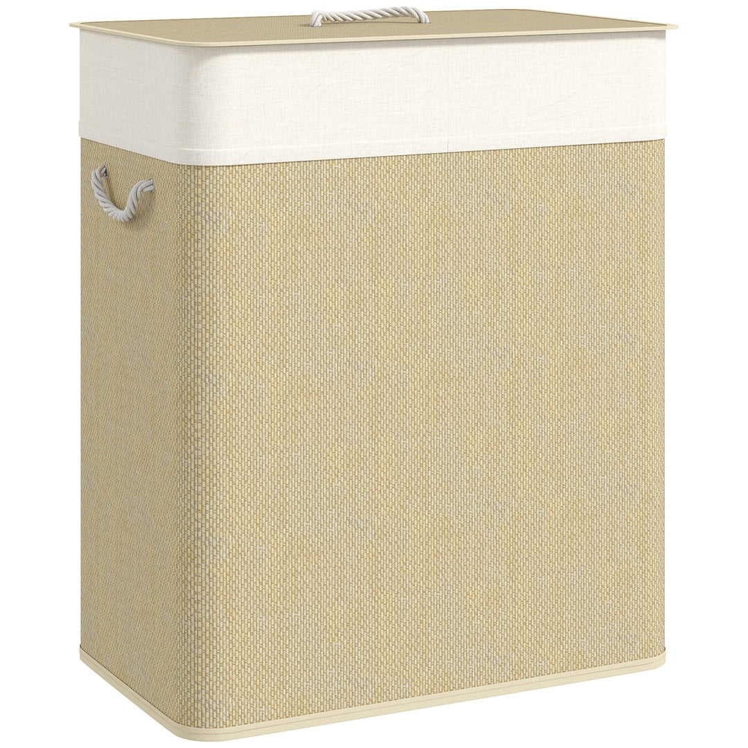 Double Laundry Basket with Lid, 100L Bamboo Laundry Hamper with Rope Handles, Washing Basket with Removable Liner for Bathroom, Bedroom, Cream White