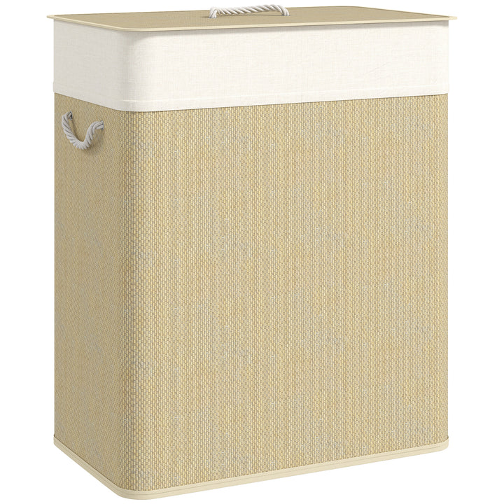 Double Laundry Basket with Lid, 100L Bamboo Laundry Hamper with Rope Handles, Washing Basket with Removable Liner for Bathroom, Bedroom, Cream White