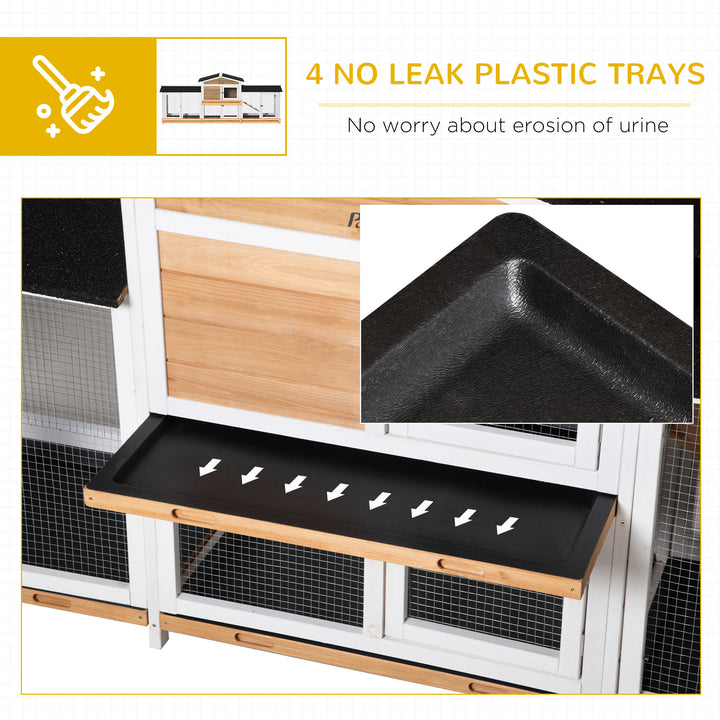 2-Tier Large Rabbit Hutch Outdoor with Double Side Run Boxes, No-leak Plastic Tray, Ramp, 230 x 53 x 93.5cm, White