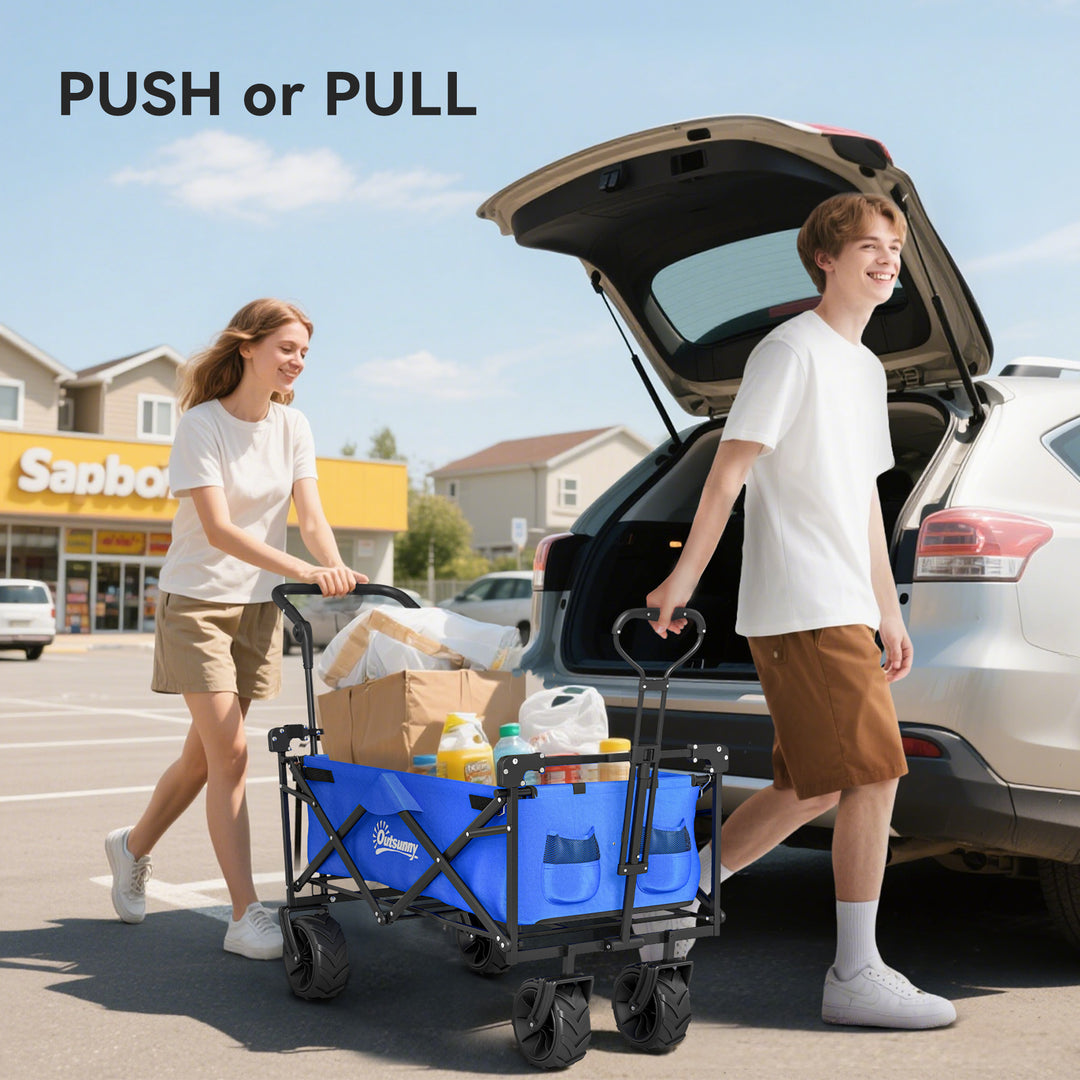 Folding Trolley Cart Storage Wagon Beach Trailer 4 Wheels with Handle Overhead Canopy Cart Push Pull for Camping, Blue