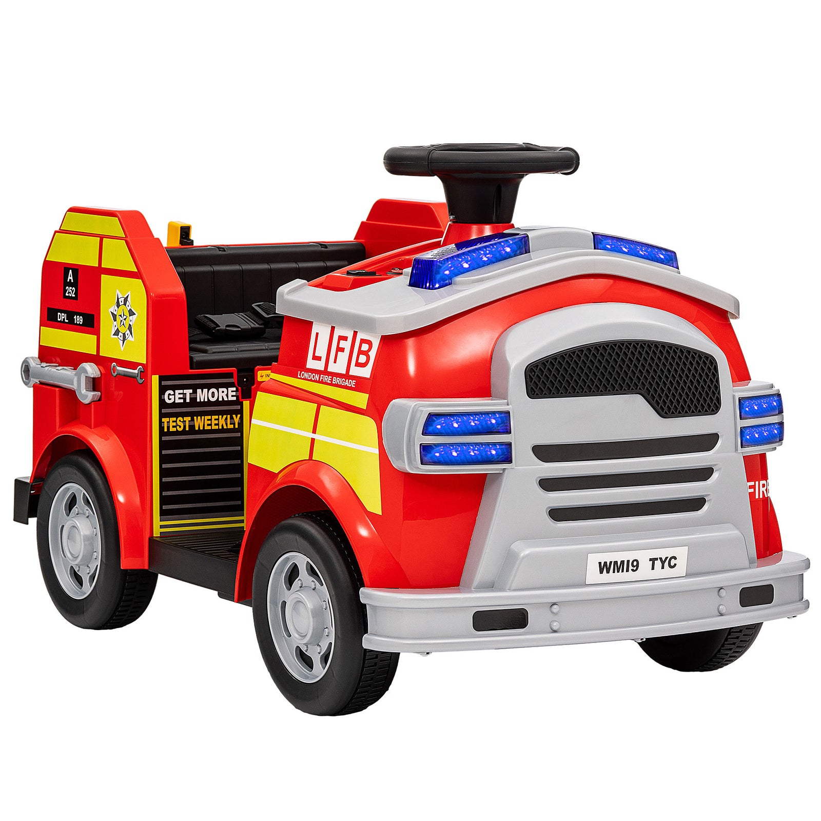 AIYAPLAY Ride On Fire Truck, 12V Kids Electric Car with Siren, Flashing Lights, Firefighting Tools, Music, Horn, Slow Start, Red