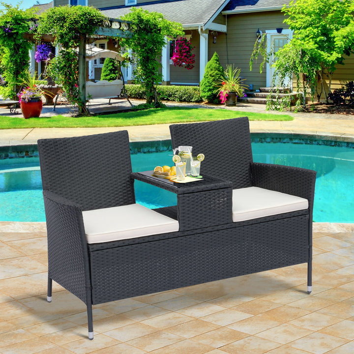 Outsunny 2 Seater Rattan Campanion Chair Wicker Loveseat Outdoor Patio Armchair with Drink Table Garden Furniture