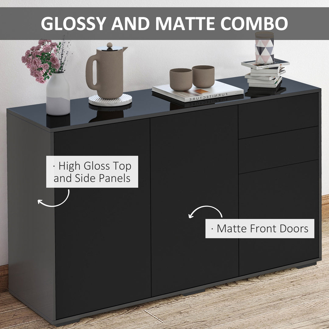 High Gloss Side Cabinet, Push-Open Design with 2 Drawers and 2 Cabinets for Living Room, 74H x 117W x 36Dcm, Black