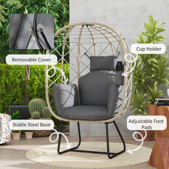 Rattan Egg Chair Outdoor Indoor Wicker Chair with Thickened Cushion and Headrest, Standing Garden Egg Chair with Cup Holder, Metal Frame for Patio, Balcony, Grey