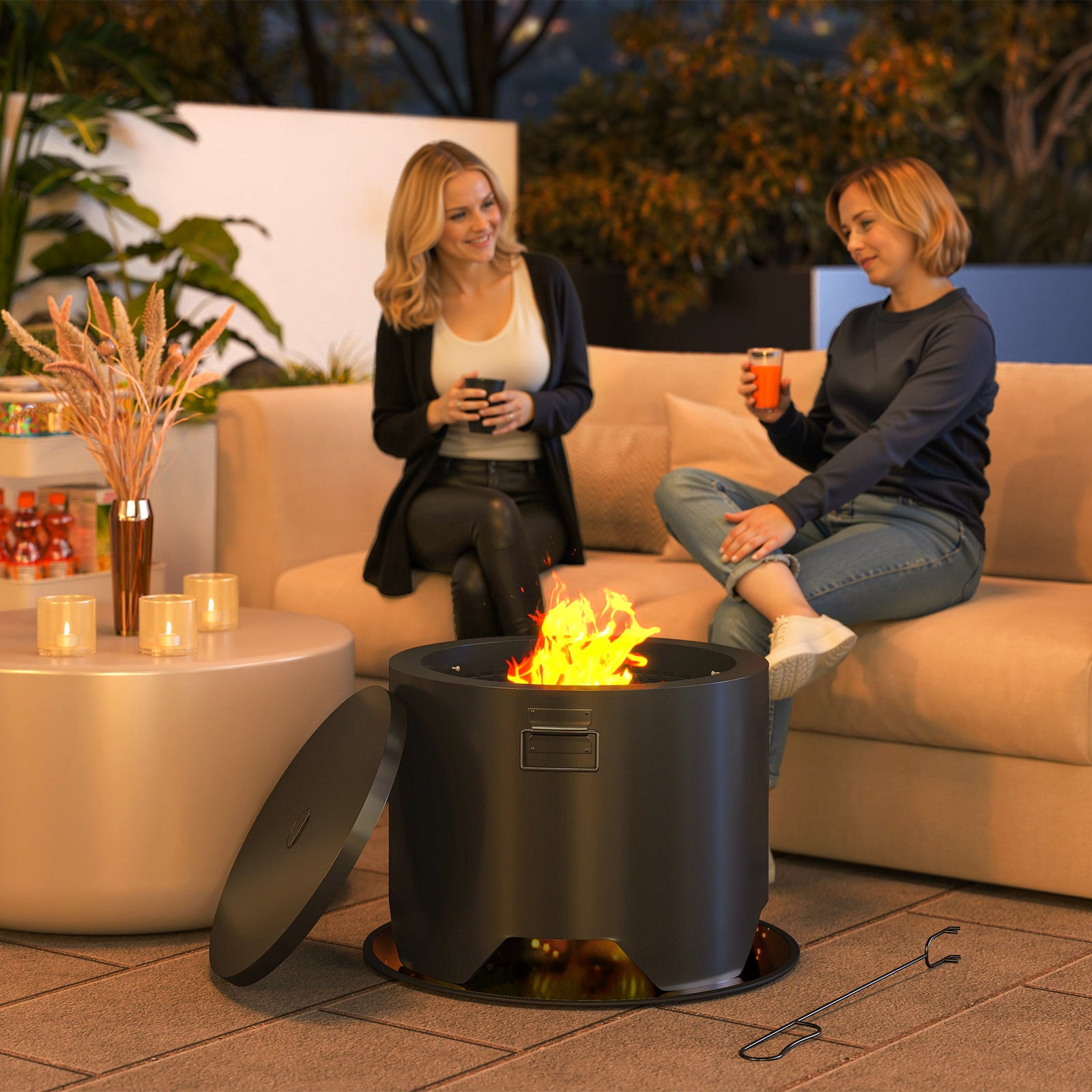 Outdoor Round Fire Pit with Lid and Fire Poker - Black
