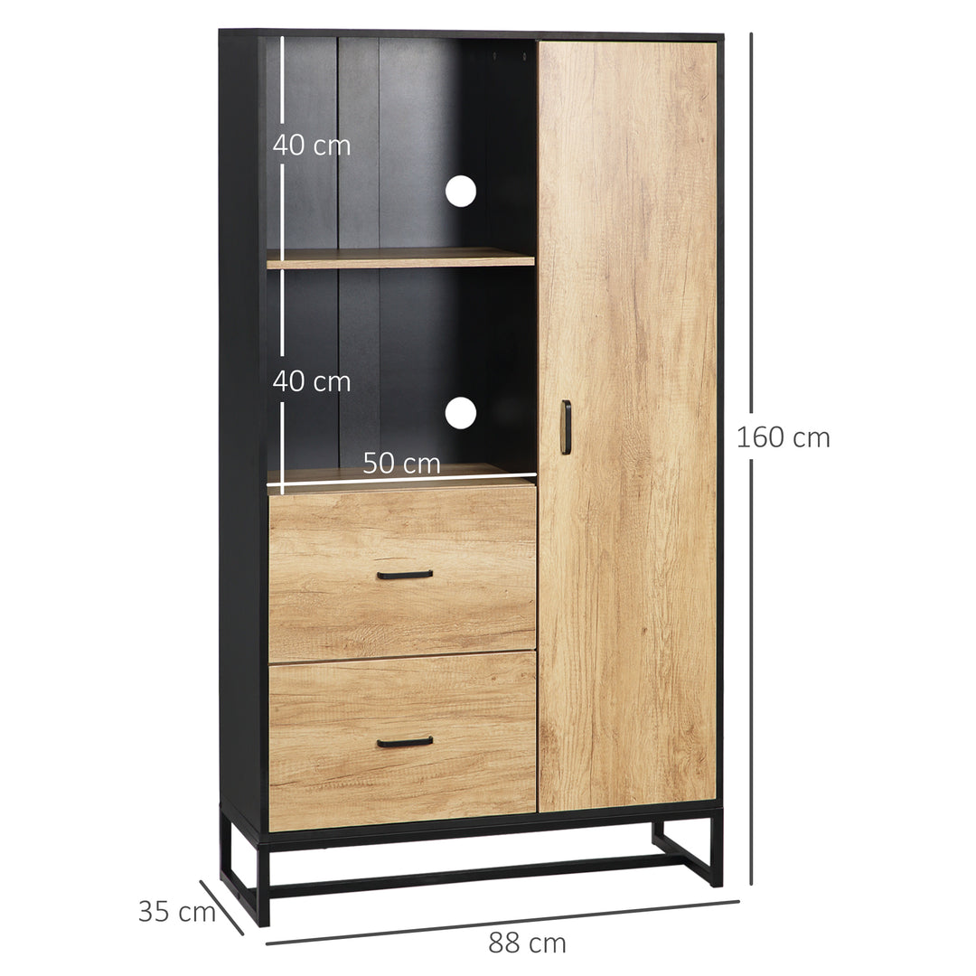 Kitchen Cupboard, Freestanding Storage Cabinet with Soft Close Door, Microwave Stand with Adjustable Shelves and Drawers, for Living Room, Dining Room, 160cm, Natural and Black