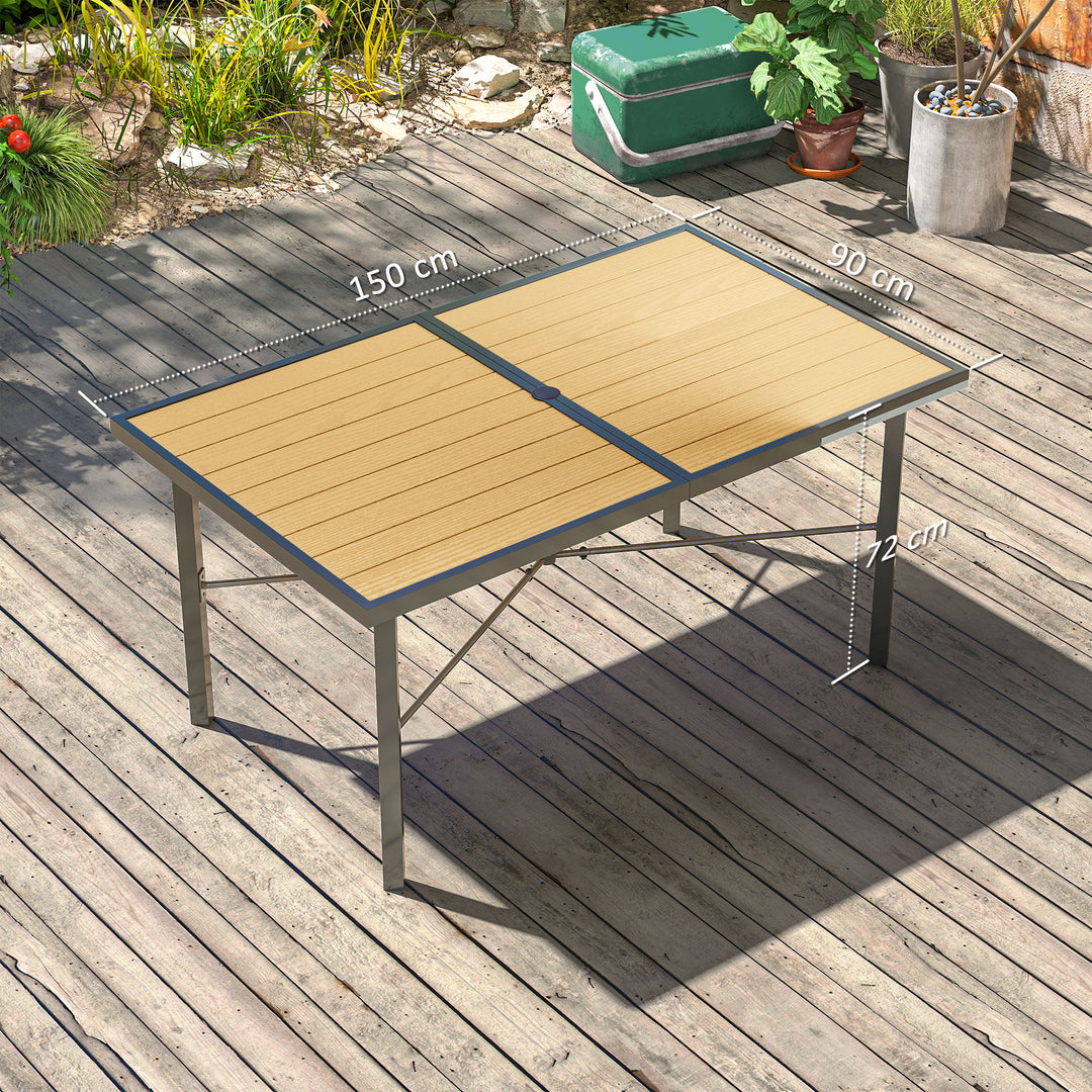 Garden Table for 6, 150 cm Rectangular Outdoor Dining Table with 5 cm Umbrella Hole, Wood Effect Top, Rust Resistant Frame, for Patio, Balcony, Terrace, Natural Wood Finish