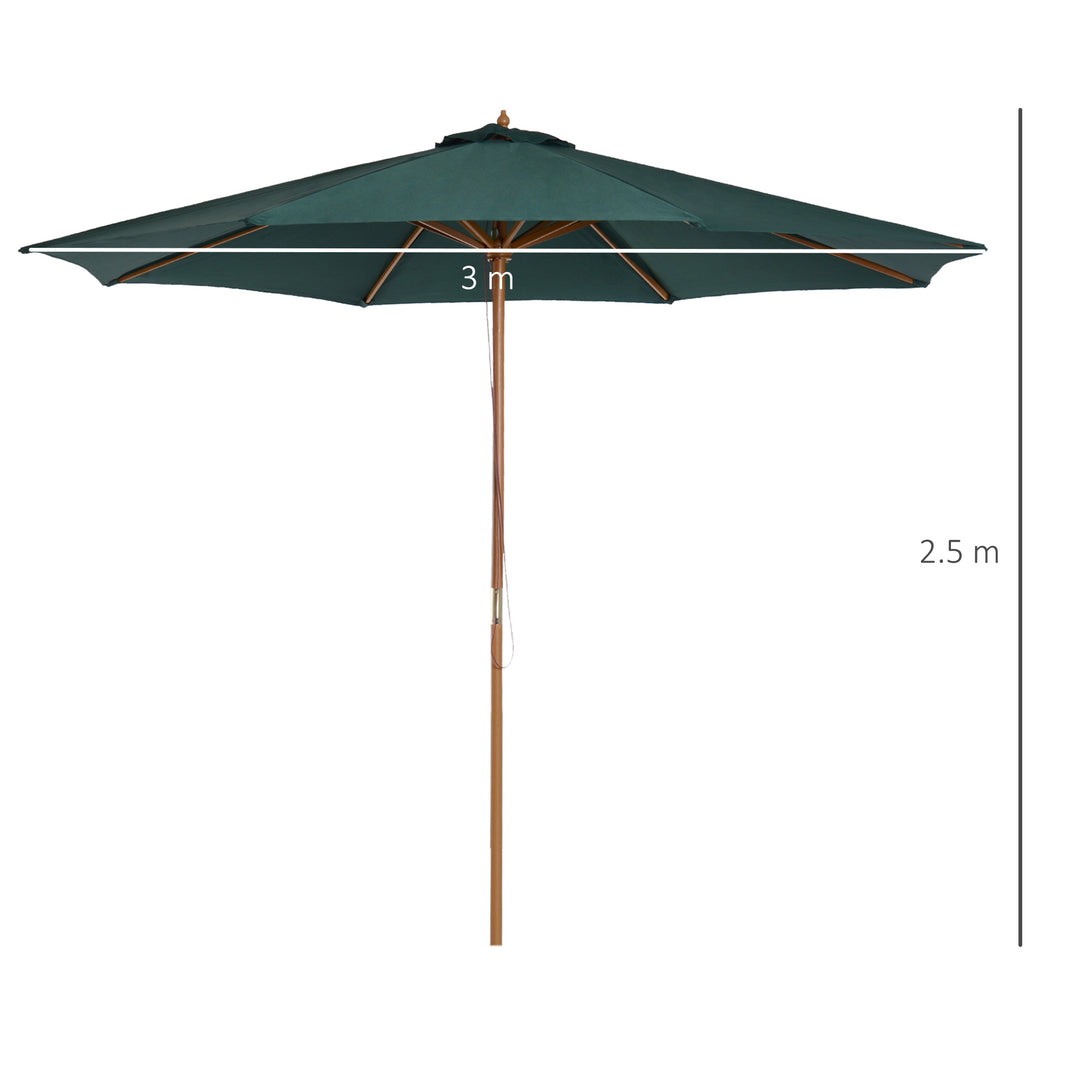 3(m) Wooden Patio Umbrella, Pulley Operated Garden Parasol with Rope Pulley Mechanism and 8 Ribs, Dark Green