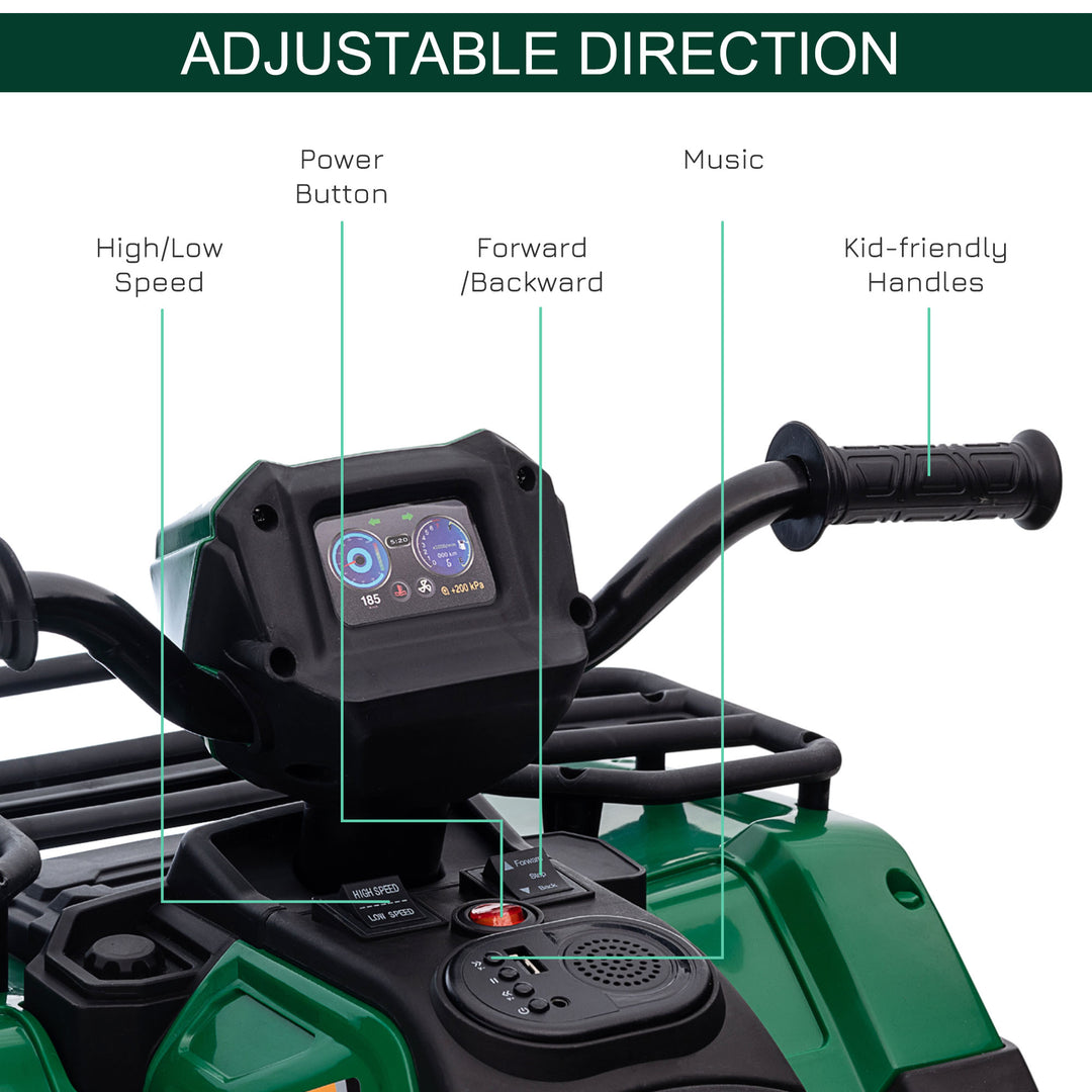 12V Kids Quad Bike with Forward, Reverse Functions, Ride-On ATV w/ Music, LED, Headlights, for Ages 3-5 Years - Green